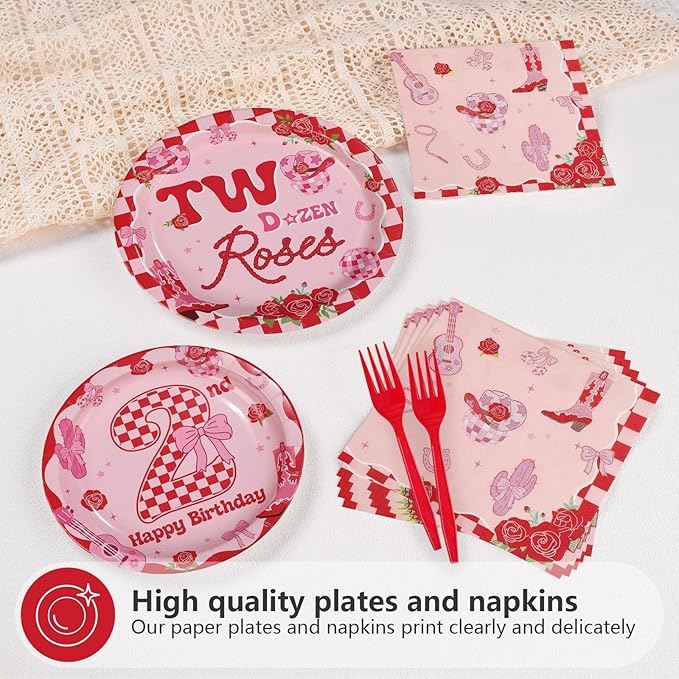 96Pcs Two Dozen Roses Party Supplies Two Dozen Roses 2nd Birthday Plates and Napkins Pink Floral Western Theme Tableware Set for Western Cowgirls 2nd Birthday Party Decorations Serves 24