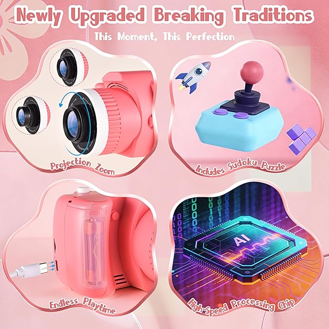 Kids Digital Camera with Video Games, Digital Camera for Kids Fhd 1080P, Kids Video Camera Digital Camcorder with Projector Stent for Gifts Blue