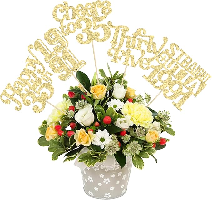 Gyufise 15Pcs Happy 35th Birthday Centerpiece Sticks Thirty Five Straight Outta 1991 Table Flower Centerpieces Sticks Cheers to 35 Decorations for 35th Birthday Party Supplies Gold