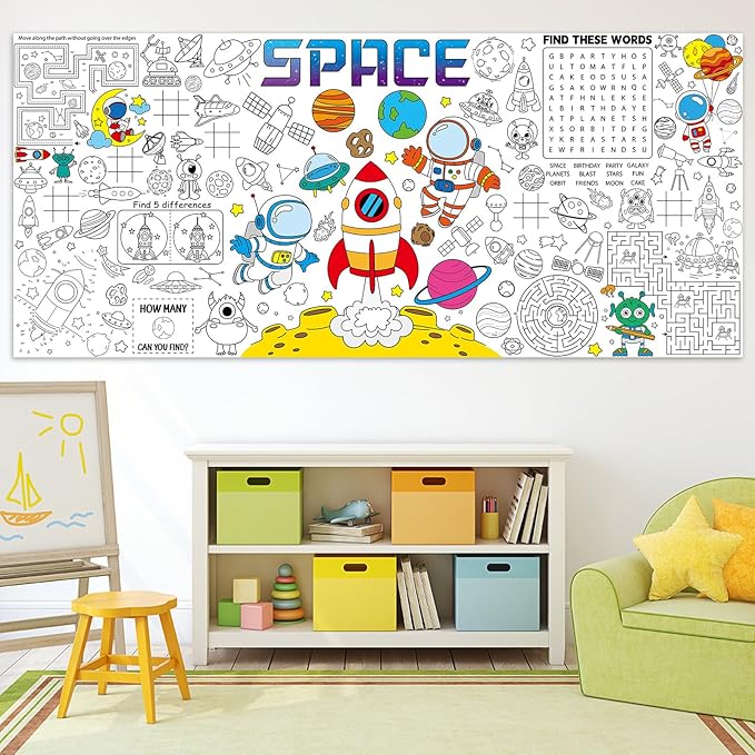 Naozinebi Outer Space Giant Coloring Poster Large Coloring Tablecloth Big Paper Sheet Page Solar System Table Cloth DIY Activity Game Art Crafts Mat Wall Home Party Decoration Supplies