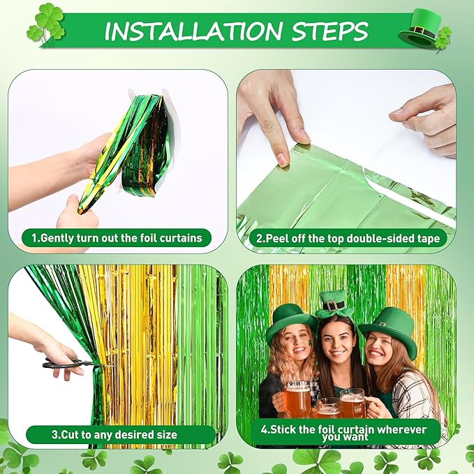 Green Gold Light Gold Fringe Curtain Party Streamers 2Pack 3.3 x 8.3 Ft Foil Fringe Backdrop Curtains for Birthday Wedding Bridal Holiday Tinsel Streamers Green Party Decorations Door Streamer