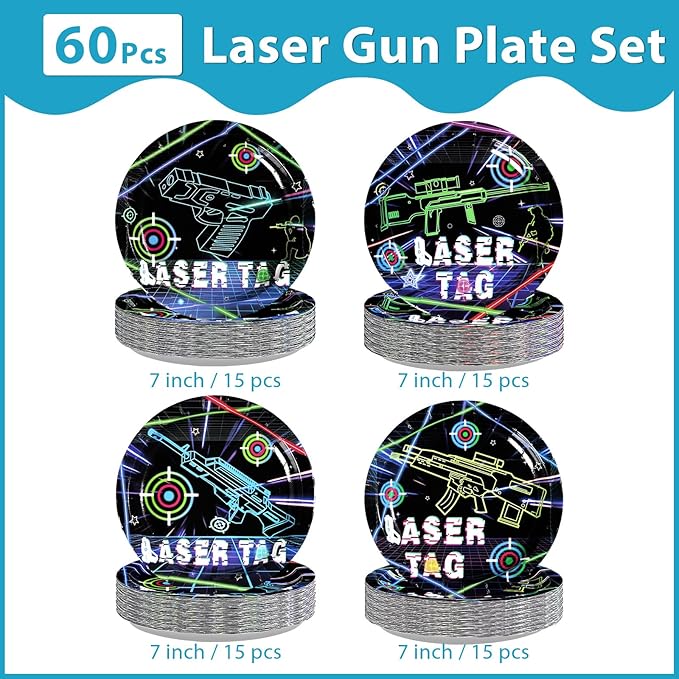 60 Pcs Laser Tag Paper Plates 7" Disposable Heavy Duty Neon Glow Shooting Game Theme Plates Laser Tag Party Tableware Set for Kids Boys Birthday Decorations Party Supplies
