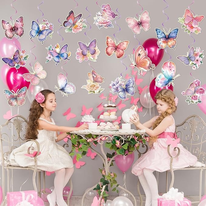 40Pcs Butterfly Hanging Swirl Decorations, Butterfly Hanging Ceiling Swirls, Spring Party Hanging Streamer for Butterfly Birthday Party Decor