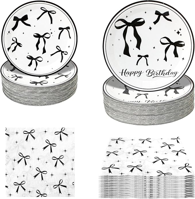 180Pcs Black Bow Birthday Party Supplies Paper Plates and Napkins Serve 60 Disposable Tableware Set for Birthday Party Decorations Game Day Family Holiday Sports Events