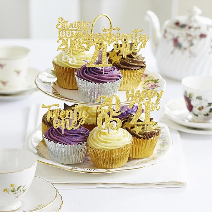 30PCS Happy 21st Birthday Cupcake Toppers Gold Glitter Twenty One Straight Outta 2005 Cupcake Picks Cheers to 21 Years Cake Decorations for 21st Birthday Anniversary Party Decoration Supplies