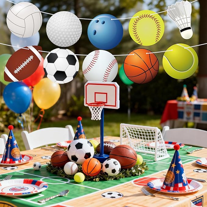 Hooqict Sports Themed Party Decorations Happy Birthday Banner Baseball Football Basketball Golf Soccer Volleyball Softball Party Banner Garland Sign for Sports Birthday Party Decorations Supplies