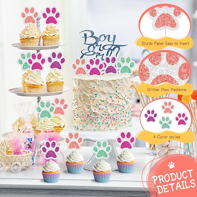 36 Pcs Paw Cupcake Toppers Glitter Dog Paw Cake Decorations 4 Colors Glitter Puppy Cupcake Toppers for Baby Shower Boys Girls Birthday Party Cake Supplies