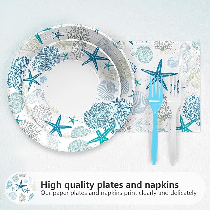 96Pcs Coastal Beach Party Decorations Blue Seashell Starfish Coral Plates and Napkins Sets Nautical Ocean Birthday Party Decorations for Summer Beach Baby Shower Wedding Party Supplies Serves 24