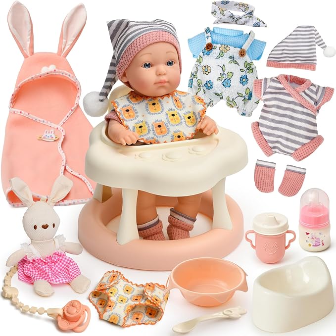 Baby Doll Accessories Set for Girls, 9'' Baby Doll with 2 Sets Clothes Doll Walker Chair Feeding Bottle Pacifier Diaper Blanket, Realistic Pretend Play Toys Toddler Girl Birthday Gifts 3 4 5 6