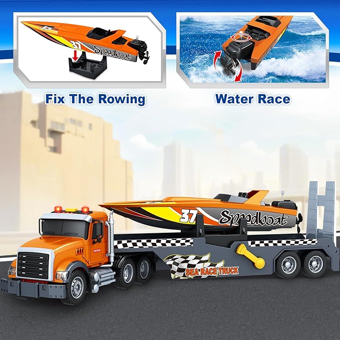 Toddler Boy Toys for 3 4 5 6 7 Years Kids, 21" Semi Flatbed Truck Toy with a Sea Race Truck, Friction Powered Vehicles Toys with Lights and Sounds, Birthday for Boy Girls