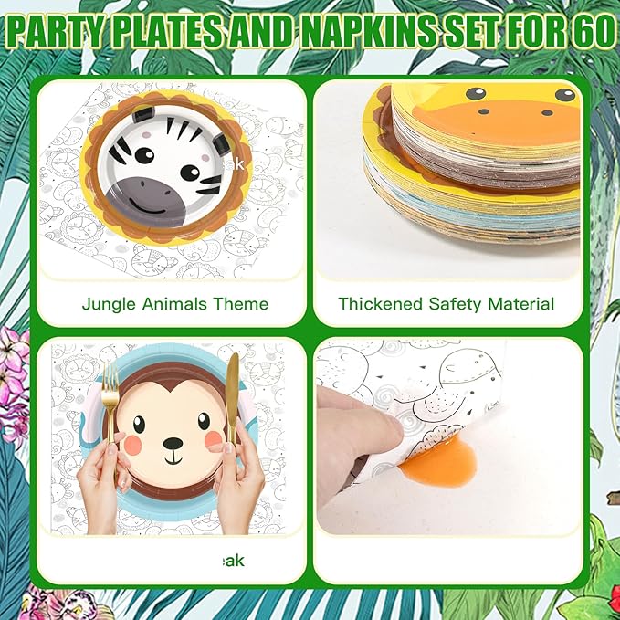 180Pcs Jungle Wild Animal Paper Plates Party Supplies Zoo Animal Paper Plates and Napkins Serve 60 Disposable Tableware Set for Birthday Party Decorations Game Day Family Holiday Sports Events