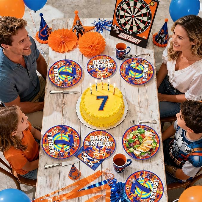 96Pcs Dart War 7th Birthday Party Supplies Dart War 7th Theme Plates and Napkins Blue and Orange 7 Years Old Tableware Set for Birthday Party Decoration Serves 24