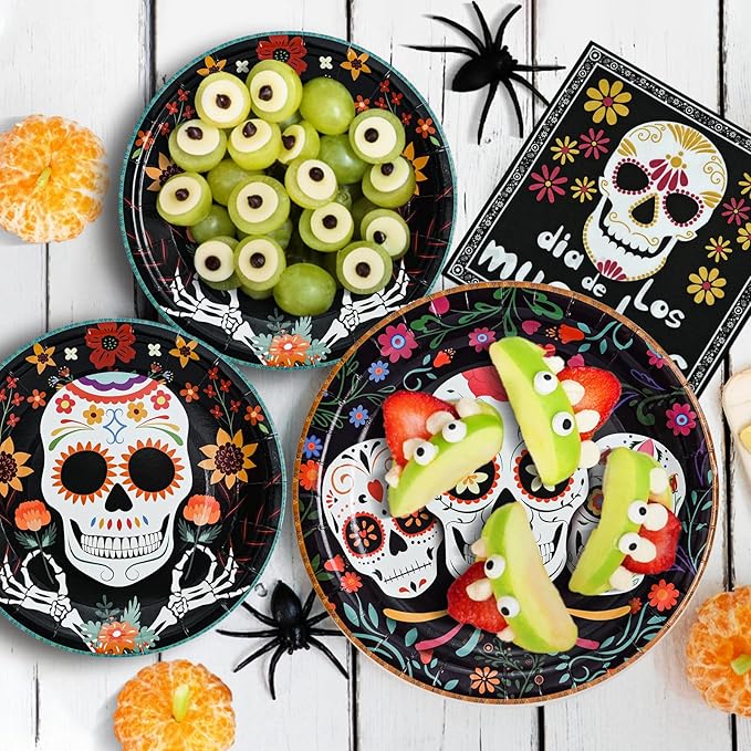180Pcs Day of the Dead Party Plates and Napkins Set,Sugar Skull Tableware Decors Mexican Fiesta Theme Party Decorations for Day of The Dead Halloween Birthday Party Supplies,Serve 60 Guests