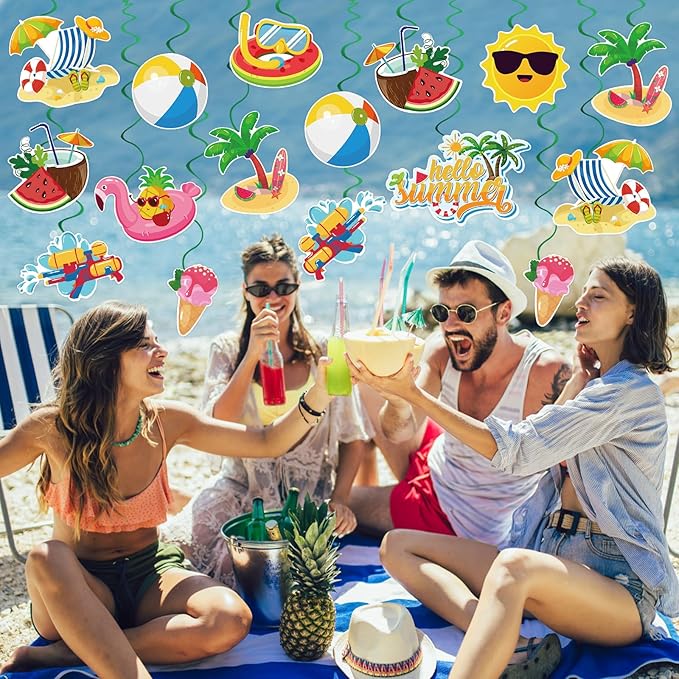 40Pcs Summer Hanging Swirls, Hello Summer Pool Beach Hanging Swirls Summer Hanging Decorations Streamers Foil Ceiling Swirls for Summer Hawaiian Luau Birthday Party Baby Shower Decor