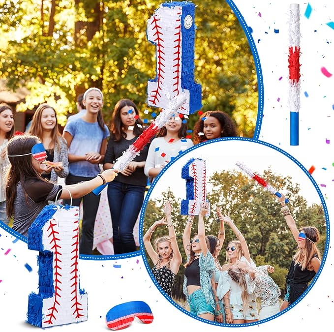 HyDren Baseball Piñata Baseball Party Decorations Number Piñata with Bat, Blindfold and Confetti, 16 Inch Sports Themed Birthday Party Supplies for Celebration Events(Number 1)