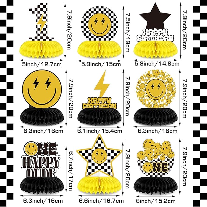 Outus 9 Pcs One Happy Dude Birthday Decoration One Happy Dude Honeycomb Centerpiece 1st Cool Birthday Table Decorations Smile Face Table Toppers Centerpieces for Baby Shower Party Supplies Decor