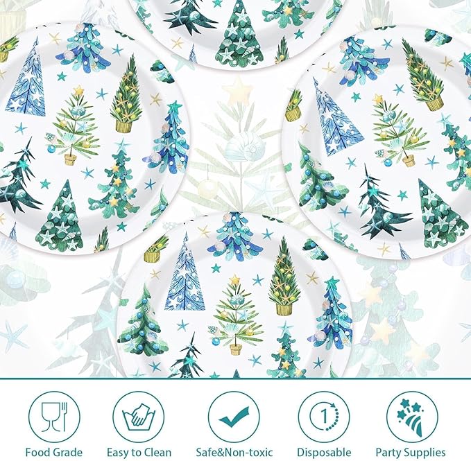 50Pcs Coastal Winter Paper Plates Seashell Beach Christmas Tree Plates 10" Large Heavy Duty Dessert Platters Blue Coastal Xmas Decorations for Ocean Merry Christmas Xmas Holiday Party Supplies