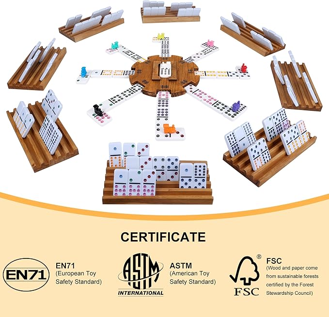Mexican Train Dominoes Set with 8 Holders, Double 12 Dominos Set for Adults, Mexican Dominoes Train for Kids and Family Game, Mexican Train Games with 91 Colored Tile Dominos and Wooden Box