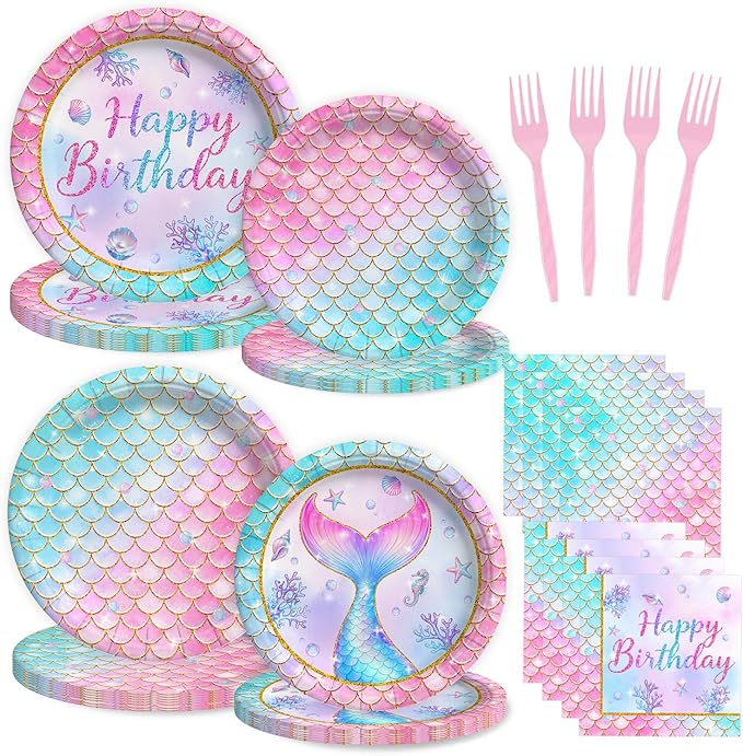 96 Pcs Mermaid Plates and Napkins Tableware Set (Serve 24), Mermaid Birthday Party Decorations, Party Supplies Include Plates Napkins Plastic Forks for Baby Shower