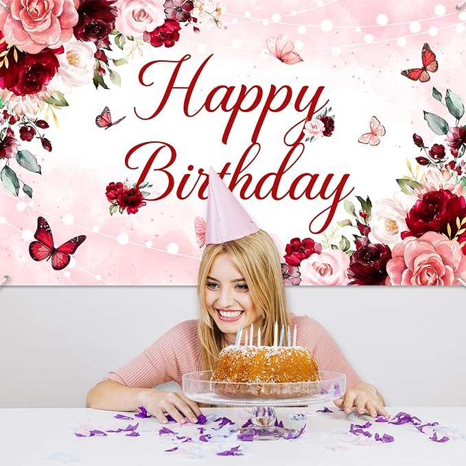 Avezano Floral Happy Birthday Banner for Women Girls Rose Gold Red Floral Birthday Party Decorations for Women Burgundy Flower B-day Party Supplies Banner (6x3.6ft)