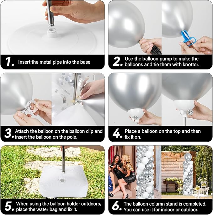 2 Sets Disco Silver White Balloon Column Stand Kit with 100 Balloons Silver Balloon Tower Stand with Bases for Floor Confetti Balloons Column Kit for Wedding Graduation Birthday Disco Party Decor