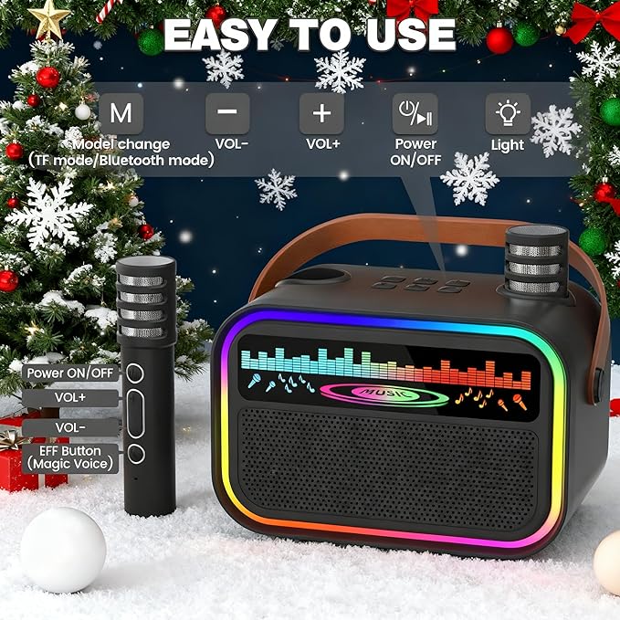 Mini Karaoke Machine Toys Gifts for Kids Girls Age 3-12+, Tnvee Portable Bluetooth Speaker with 2 Wireless Microphones, Funny Toddler Singing Karaoke for Birthday, Family, Home Party - Black
