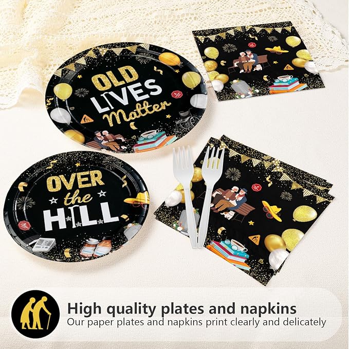 96Pcs Old Lives Matter Decoration Over The Hill Birthday Plates and Napkins Gold Black Funny Retirement Decoration Favor for Men Women 50th 60th 70th 80th Retirement Birthday Party Supplies Serves 24