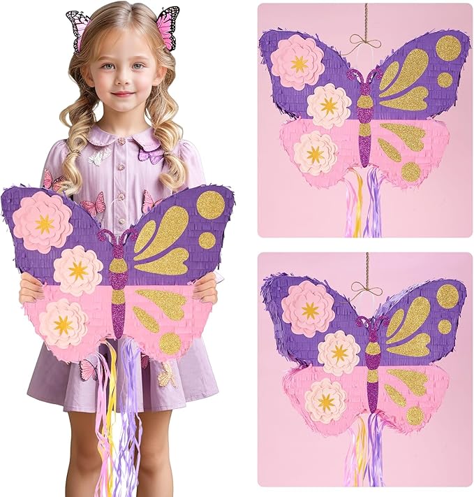 WERNNSAI Butterfly Piñata - Butterfly Birthday Party Supplies Piñata with Stick and Blindfold for Girls Kids Pull String Piñata Family Games Classroom Birthday Party Decorations 16.4” x 12.4”
