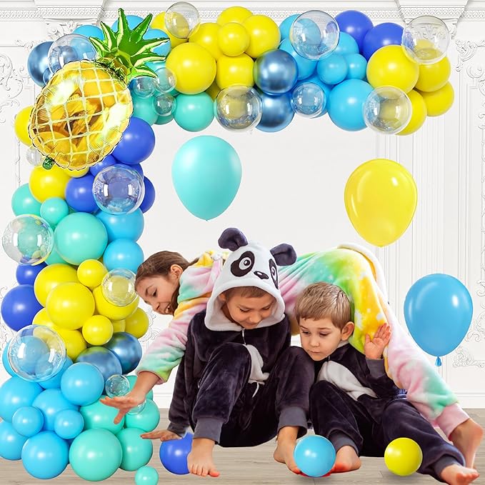 Cartoon Sponge Balloon Arch Kit-Blue Green Yellow Balloons Birthday Decorations For Boys girl,Party Decor Supplies Girls Including Happy Birthday Backdrop