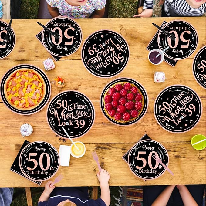 96Pcs 50th Black and Pink Birthday Party Supplies 50 Is Fine When You Look 39 Plates and Napkins Black and Pink Theme Tableware Set for Women 50th Birthday Party Decorations Serves 24
