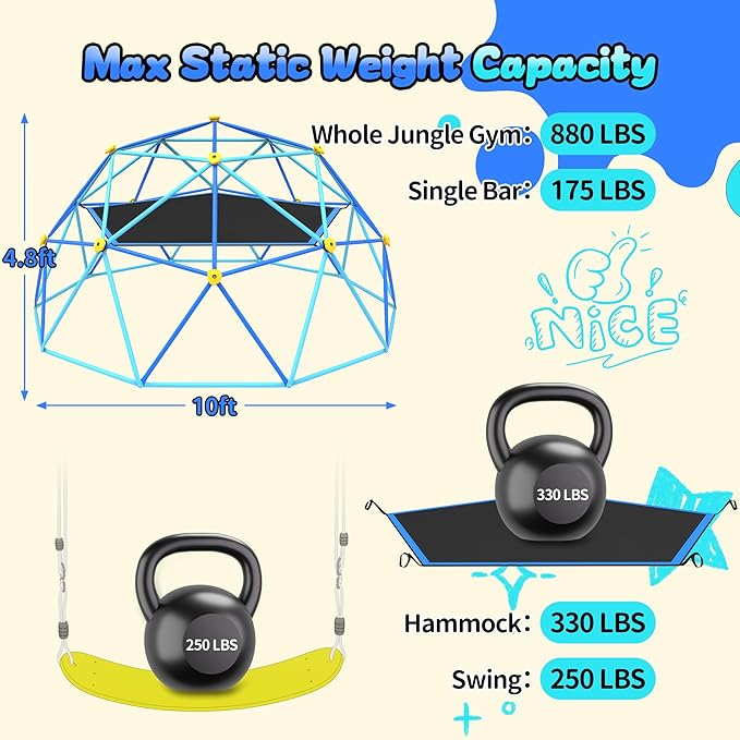 Gardenature 10FT Climbing Dome with Hammock and Swing, Outdoor Jungle Gym for Kids, Geometric Dome Climber Supporting 880 Lbs Anti-Rust Metal Outdoor Play Structure ASTM Approved Blue