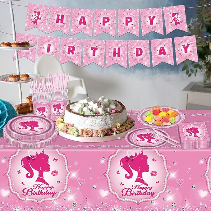 98PCS Pink Girl Birthday Party Supplies Hot Pink Party Tableware Set Sweet Girls Birthday Baby Shower Decorations Princess Paper Plates and Napkins Set Tablecloth Banner Serve 16 Guests