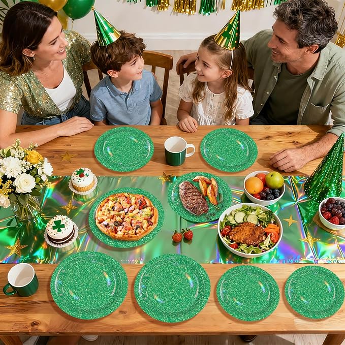 96 Pcs St. Patrick’s Day Party Supplies 350 GSM Spring Iridescent Green Rainbow Plates and Napkins Tableware Sets for St. Patrick's Day Festival Birthday Party Decorations Favors Serves 24