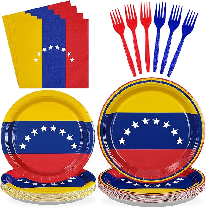 96 Pcs Venezuela Flag Party Decorations Disposable Venezuelan Flag Paper Plates and Napkins Venezuela National Tableware Set for Country Decoration Patriotic Festival Party Supplies, Serves 24