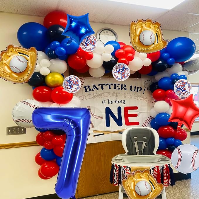 Baseball Birthday Party Balloons, 32 Inch Navy Blue Foil Number 7 Balloon, Baseball Glove Foil Balloon, Red Blue Star Confetti Balloon for 7th Birthday Sports Theme Party Supplies