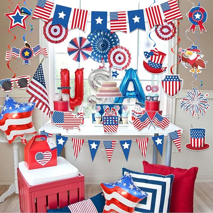 USA Party Decorations, Red Blue White Decorations with American Flag Banner, 12Pcs USA Hanging Swirls Decors, Pennant Bunting Banner, Foil Balloons for Welcome Home Patriotic Party Supplies