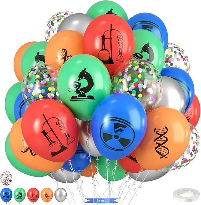Science Party Balloons, 12 Inch Dark Light Blue Red Green Orange Metallic Silver Colorful Confetti Party Balloons for Boy Girl Science Birthday Party Decorations Baby Shower Lab Classroom Backdrop