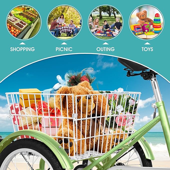 MOPHOTO 16 Inch Small Tricycle for Beginner Riders, Low Step-Through 3 Wheel Bike, Single Speed Trike with Hand Brakes, Adjustable Seat and Rear Basket, Fits Heights 3'9" to 4'9"