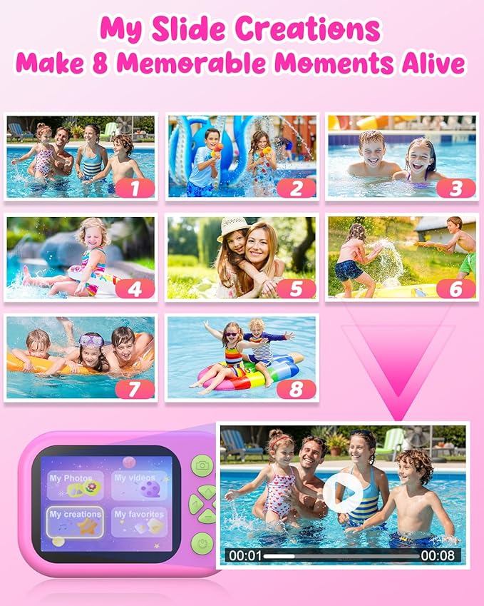 Waterproof Kids Camera, Underwater Camera for Kids 1080P Digital Video Camcorder with 2.4” Display, 32GB TF Card, Emergency LED Flash, Diving Swimming Beach Pool Toys for 3-12 Years Old Girls, Pink