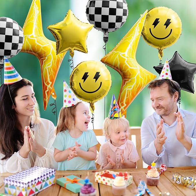 8PCS 18 Inch Smile Party Checkered Helium Balloons, Yellow Smile Face Prppy Theme Birthday Party Decorations, Yellow Lightning Balloons for Wedding Decor Event Supplies