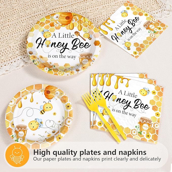 96Pcs Bee Baby Shower Decorations Honey Bumble Bee Baby Shower Plates and Napkins Tableware Sets A Little Honey is On The Way Party Decoration for Bees Gender Reveal Birthday Party Supplies Serve 24