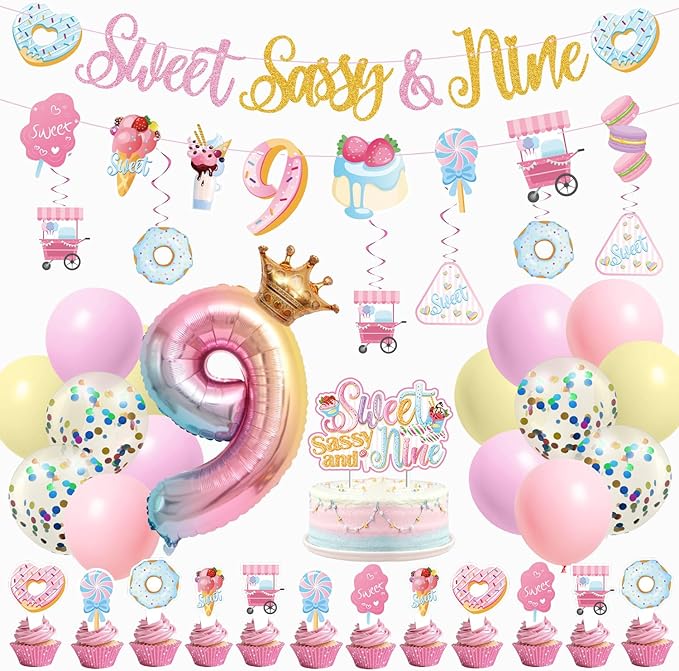 Sweet Sassy And Nine Birthday Decorations- 9th Birthday Decorations For Girls With Donut Banner Sweet Cake Topper 9th Foil Balloon For 9th Donut Themed Party Decor Sweet Nine Party Supplies