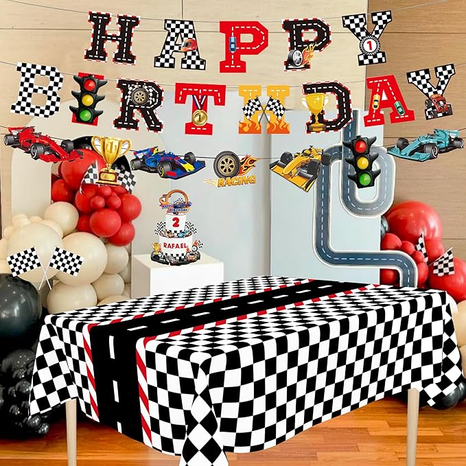 Race Car Party Decor Kit - Happy Birthday Banner, Tablecloths for Race Car Birthday or Baby Shower - 54 x 108 Inch