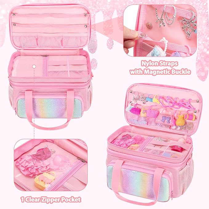 Carrying Case Compatible with Barbie Doll Clothes, Doll Accessories Storage Organizer, Double Layer Design, with Handle and Detachable Shoulder Strap, Case only (Pink)