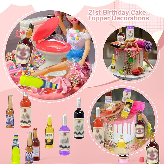 MEMOVAN Toilet Cake Topper 1PC and Miniature Wine Bottles Cake Cupcake Toppers 21PCS, Funny Mini Toilet Toy Dollhouse Cake Decorations for Bachelorette Party Or Birthday 21 and Up Girl Party