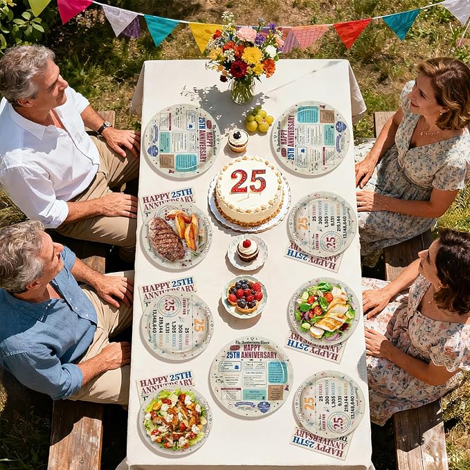 96Pcs 25th Anniversary Party Decorations Retro 25 Years Wedding Aday Plates and Napkins Happy 25th Anniversary Disposable Tableware Set for Vintage 25 Year Wedding Party Supplies Serves 24