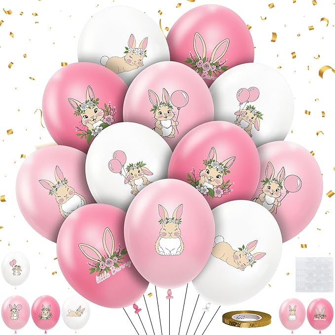 48 Pcs Bunny Birthday Decorations Balloons Set, Pink Rabbit Bunny Theme Print Latex Balloons Party Supplies for Birthday Baby Shower, Easter