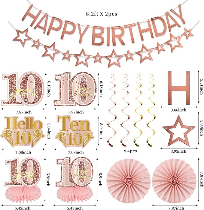 10th Birthday Decorations for Girls, Pink Rose Gold Happy 10 years old Birthday Banner Backdrop Balloons Sash Table Cake Topper Honeycomb Centerpieces Hanging Swirls Paper Fans Party Supplies
