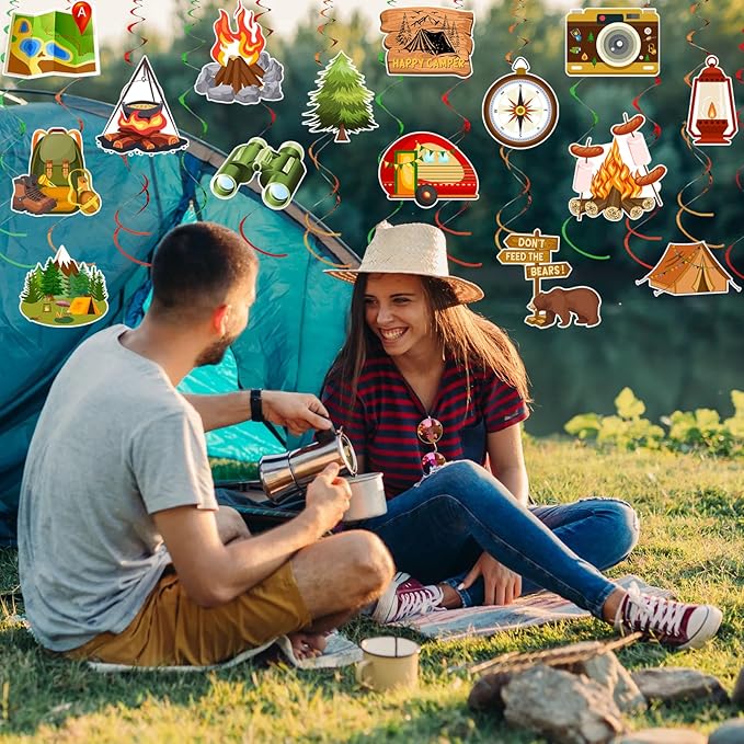 36pcs Happy Camper Party Hanging Swirls Camping Themed Party Swirls Streamers Camping Adventure Bears Tent Party Birthday Decor for Boys Girls Kids Baby Shower Decorations