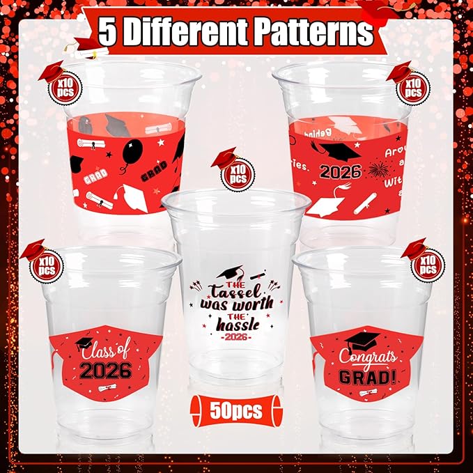 GuassLee Black and Red Graduation Decorations 2026 Party Cups - 50pcs 12 Oz Black Red White Disposable Graduation Plastic Cups for Drinks Class of 2026 Grad Party Favors Supplies